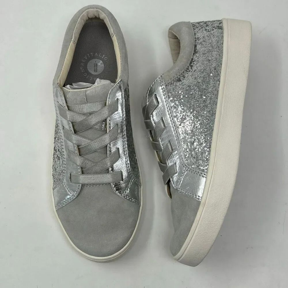 Spenco Revitalign Jolie Slip On Sneakers Sz 7 Glitter Gore Suede Silver Metallic